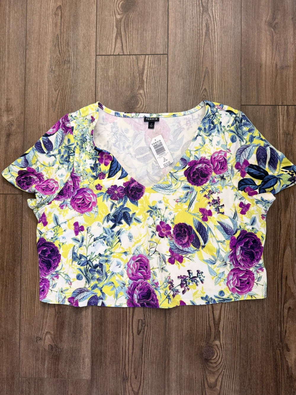 torrid Yellow Floral Short Sleeve Top with Purple Roses